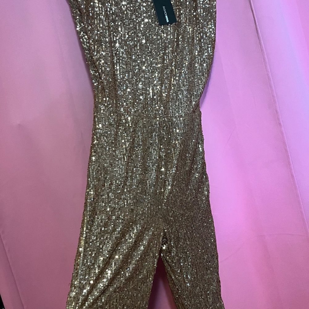 NEW Fashion Nova Large Gold Sparkle & Snatched Shoulder Pad Jumper Jumpsuit - Picture 10 of 16